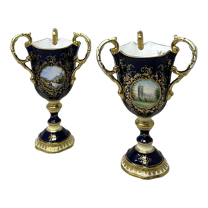 Antique Pair English Coalport Three Handle Loving Trophy Cups Porcelain Urns