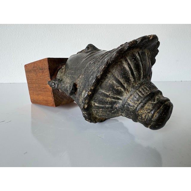 1970’s Vintage Cast Bronze Buddha Head Sculpture on Wood Stand For Sale - Image 9 of 11