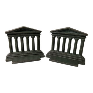 Vintage Solid Cast Iron Parthenon Greek Roman Temple Column Bookends With Faux Green Patina For Sale