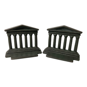 Vintage Solid Cast Iron Parthenon Greek Roman Temple Column Bookends With Faux Green Patina