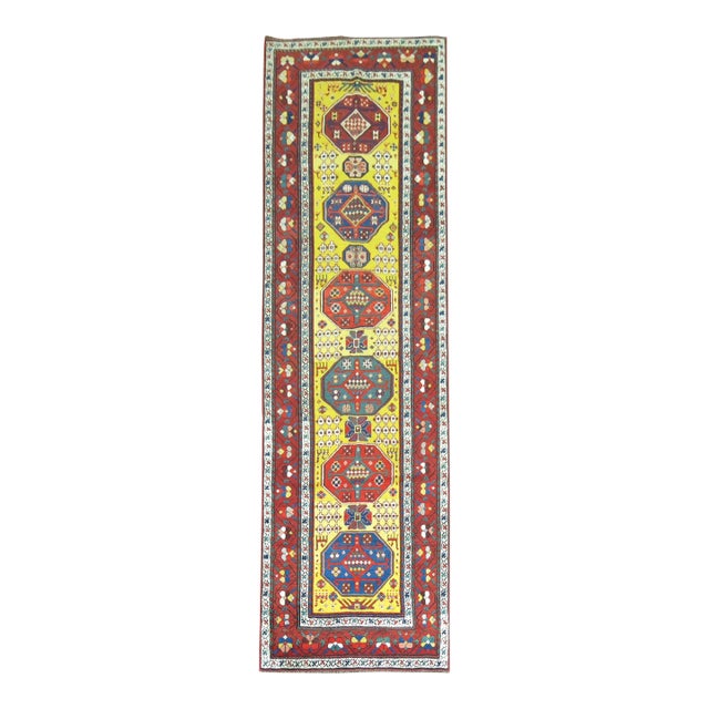Sunny Yellow Handwoven Early 20th Century Antique Karabagh Caucasian Runner - 3'3" x 10'11" For Sale