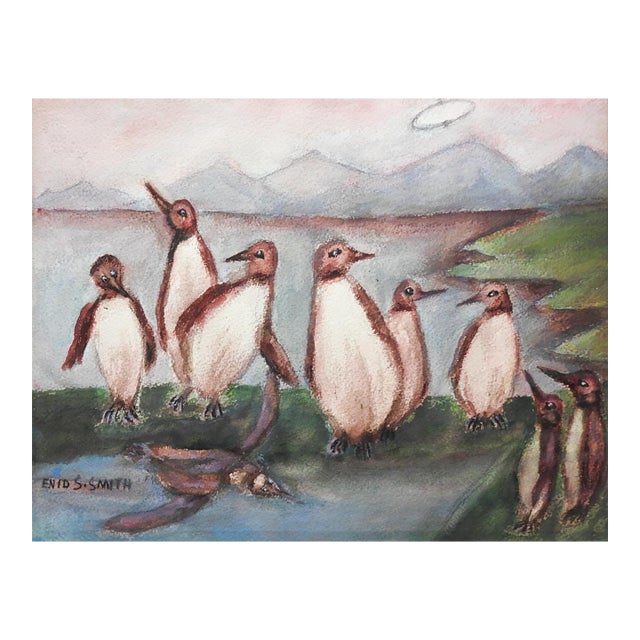 Mid 20th Century Surreal Penguins and Ufo Watercolor Painting For Sale