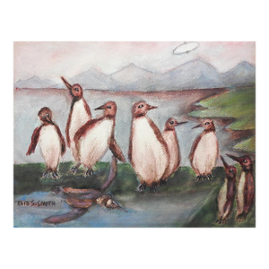 Mid 20th Century Surreal Penguins and Ufo Watercolor Painting