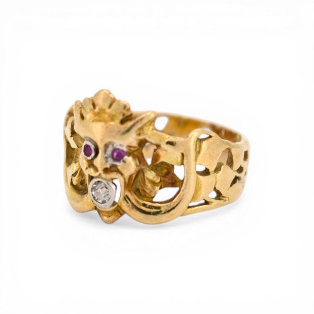 Antique Art Nouveau Gargoyle Ring 18k Gold - Ruby Eyes & Diamond Mouth, Size 7.5 For Sale - Image 4 of 8