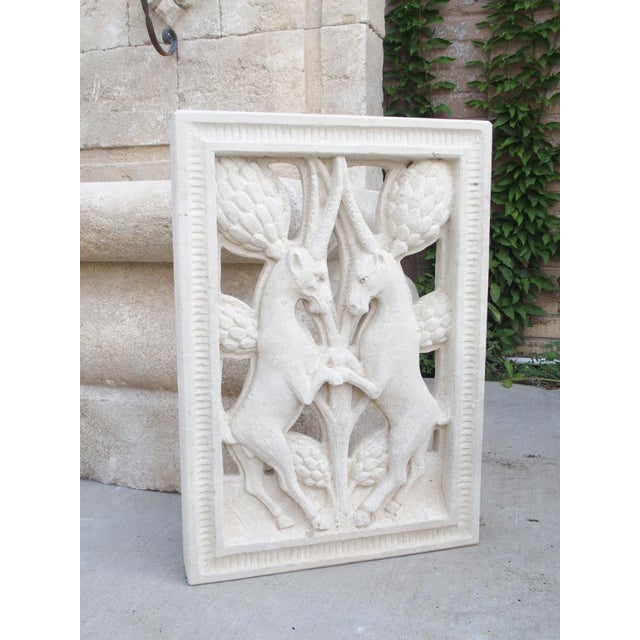 Stone Carved and Pierced Italian Limestone Plaque of Rampant Ibex For Sale - Image 7 of 12