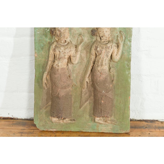 Mid 19th Century Thai Carved Stone Green Painted Temple Wall Plaque Depicting Ceremonial Dancers For Sale - Image 5 of 9