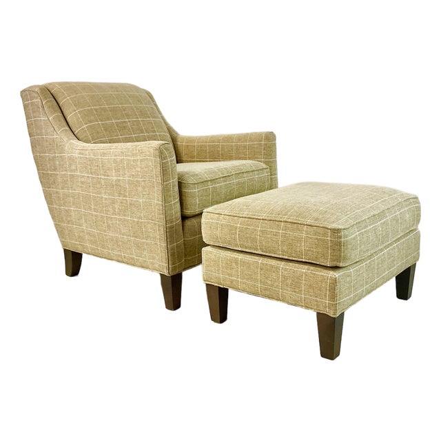 Early 21st C Vintage Contemporary Americana Smith Brothers Custom Upholstered Side Chair & Ottoman For Sale
