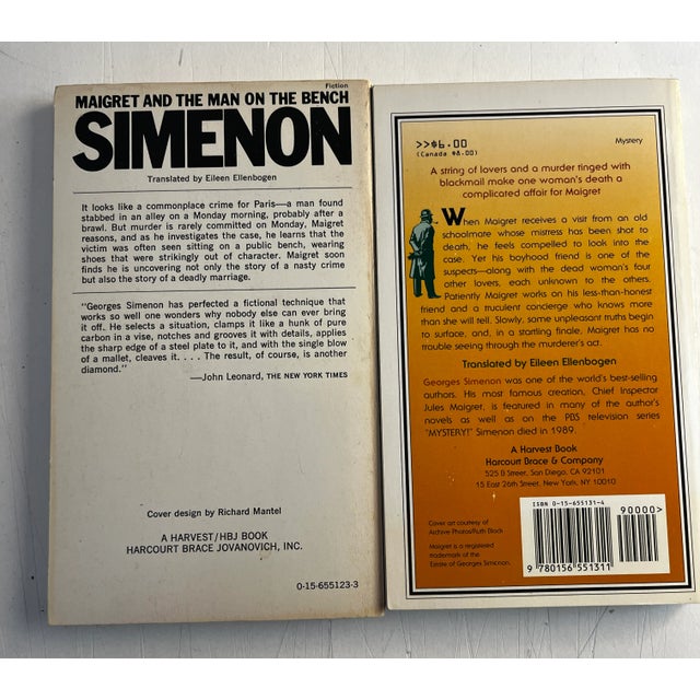 Vintage set of two softcover works by Georges Simenon: Maigret and the Man on the Bench and Maigret's Boyhood Friend....