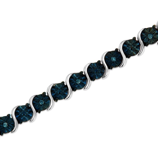 Haus of Brilliance .925 Sterling Silver 1/10 Cttw Miracle-Set Treated Blue Color Diamond Miracle Plate "S" Link Tennis Bracelet - 7.25" For Sale - Image 4 of 7