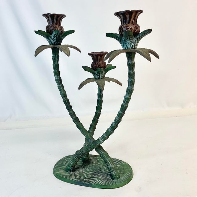 1970s 1970s Vintage Coastal Boho Chic Tole Palm Tree 3-Arm Candelabra. For Sale - Image 5 of 11