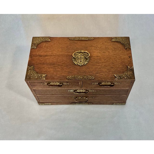 Japanese Vintage Japanese Wood Tansu Jewelry Chest With Brass Hardware, Circa 50s For Sale - Image 3 of 12