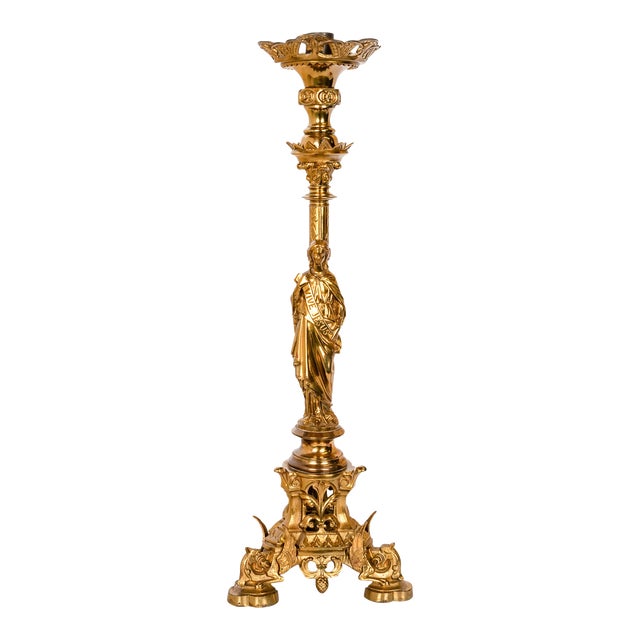 Large Antique French Gilt Bronze Gothic Altar Jesus Statue Griffin Candlestick For Sale