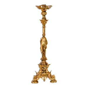 Large Antique French Gilt Bronze Gothic Altar Jesus Statue Griffin Candlestick