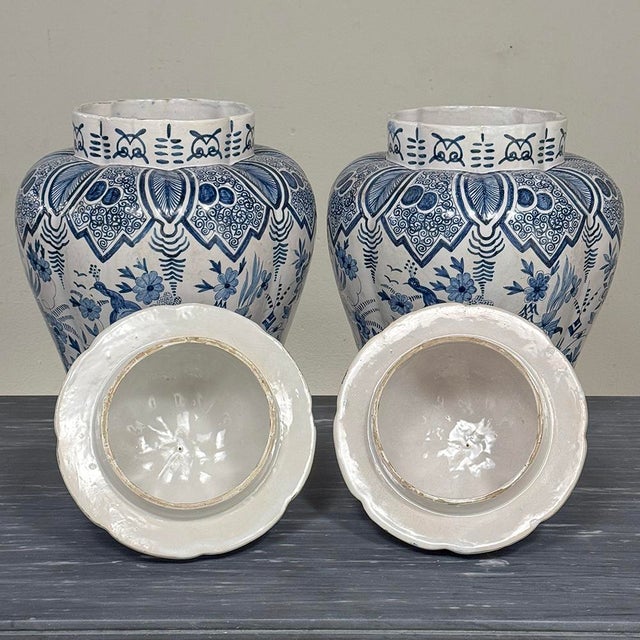 Pair of 19th Century Hand Painted Dutch Blue & White Delft Covered Vases ~ Urns For Sale - Image 14 of 18