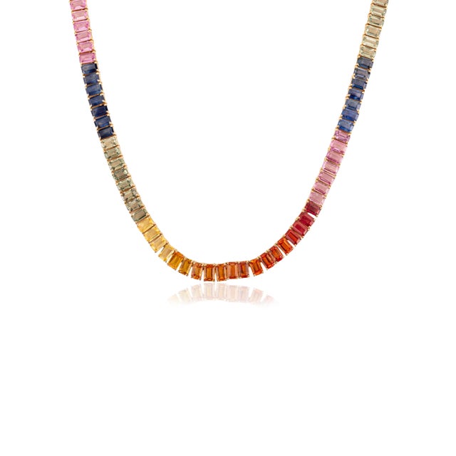 Mid 20th Century Mid 20th Century 37.66Ct Natural Rainbow Sapphire Tennis Necklace in 14k Gold For Sale - Image 5 of 14