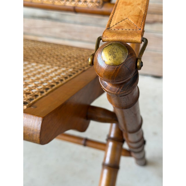 Campaign Mid-20th Century English Campaign Faux Bamboo Folding Sling Armchairs With Cane Seats – Pair For Sale - Image 3 of 12