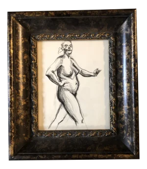 Original Vintage Female Nude Charcoal Study Drawing Vintage Frame