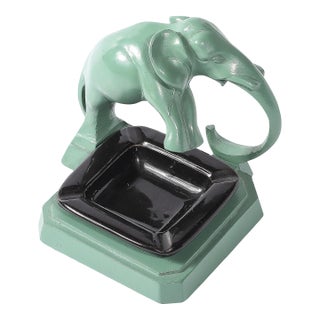 Art Deco Green Enamel & Black Ceramic Sculptural Elephant Ash Tray Signed Nuart For Sale