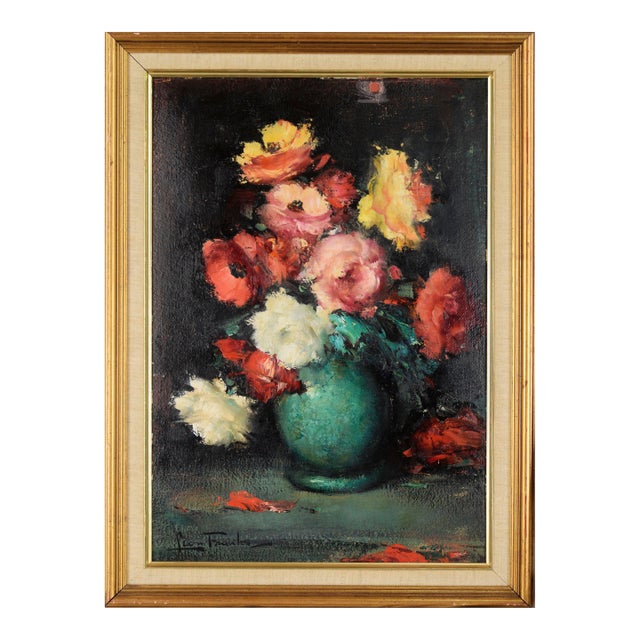Vase of Roses Still Life - Original Impressionist on Board by Leon Franks For Sale