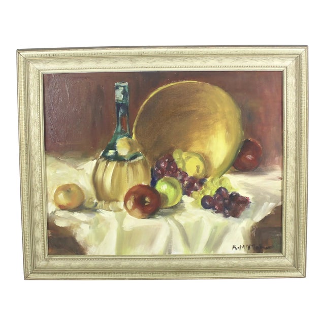 Vintage Oil Painting Still Life With Fruit and Wine Carafe Colorful Colourful, Signed Original Art, Framed Mid Century Modern, Boho For Sale