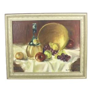 Vintage Oil Painting Still Life With Fruit and Wine Carafe Colorful Colourful, Signed Original Art, Framed Mid Century Modern, Boho