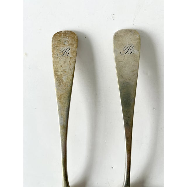 Victorian Pair of Early 19th Century Coin/900 Silver Spoons - Monogram "R" - Large Tablespoons or Small Serving Spoons For Sale - Image 3 of 6