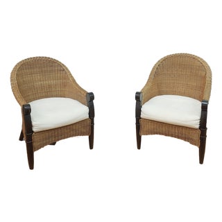 Late 20th Century Wicker & Mahogany Arm Chairs, a Pair For Sale