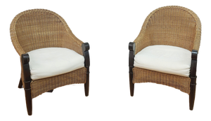 Late 20th Century Wicker & Mahogany Arm Chairs, a Pair