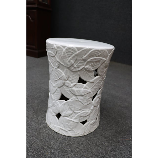 White Glazed Ceramic Garden Stool With Leaf Motif For Sale - Image 4 of 6