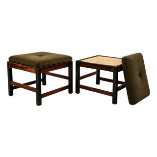 Pair of Brazilian Modern Stools in Rosewood, Cane, and Olive Mohair Cushions — Liceu De Artes, 1960s For Sale