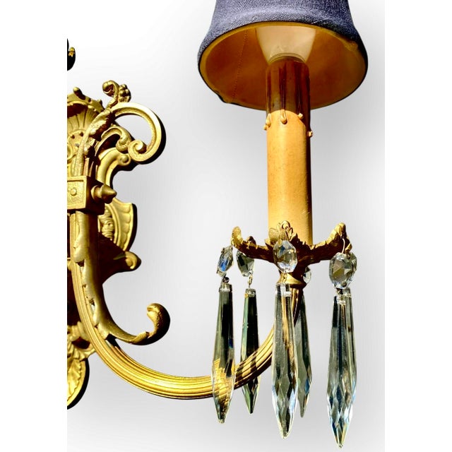 Antique French Gilt Bronze Three Light Sconce Black Silk Shades Crystal Prisms For Sale - Image 6 of 13