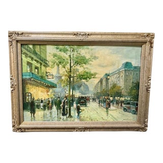 Late 20th Century Large Original Oil Painting-Paris St Scene-Antoine Blanchard Style-Framed Art For Sale