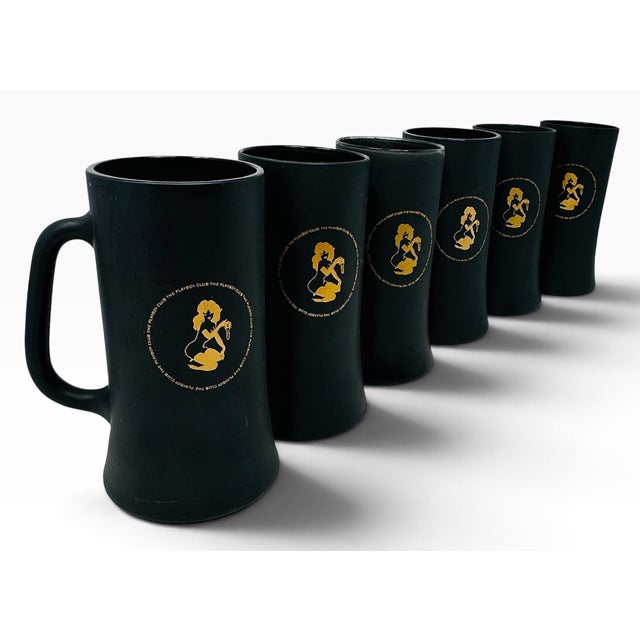 Mid-Century Modern 1960s the Playboy Club Matte Black & Gold Glass Beer Steins - Set of 6 For Sale - Image 3 of 12