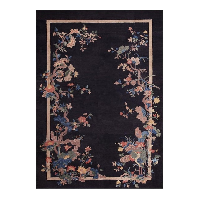 1920s Black Solid Crane Floral Antique Chinese Art Deco Rug 5'7x8'4 Wool Carpet For Sale