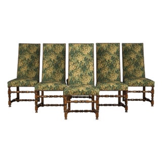 Antique French Louis XIII Style Oak Dining Chairs W/ Verdure Tapestry - Set of 6 For Sale