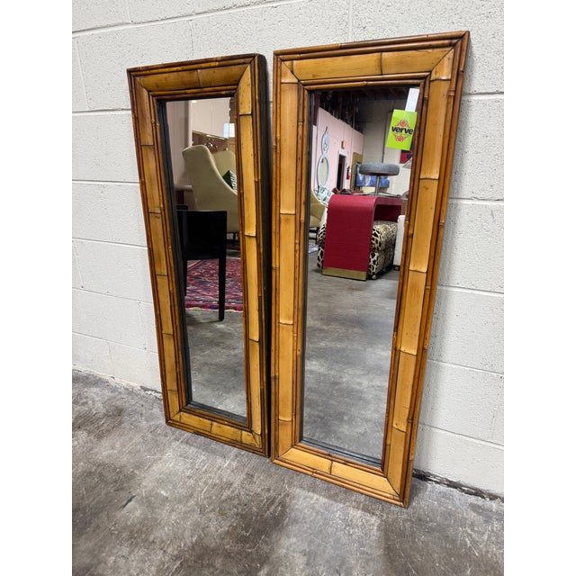 Fabulous pair. So hard to find pairs of narrow mirrors. Bamboo and ready to hang. You can hang vertical or horizontal.