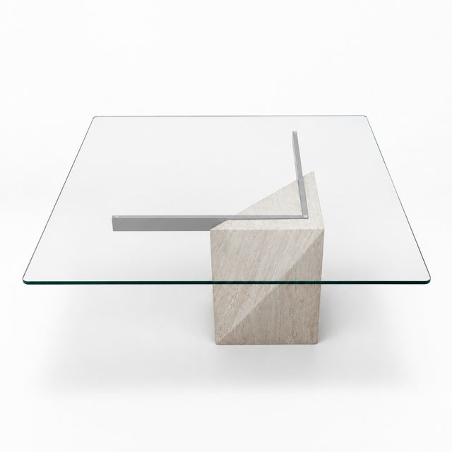 1980s Postmodern Glass Coffee Table With Travertine Base For Sale - Image 13 of 18