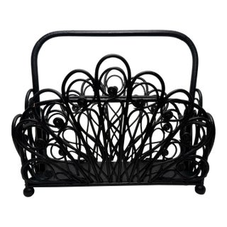 Boho Chic Black Painted Rattan Magazine Rack For Sale