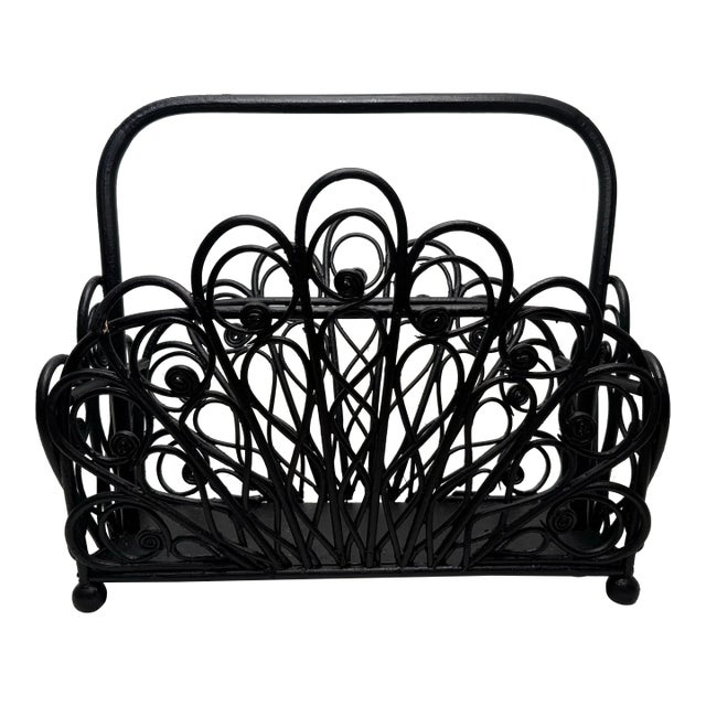 Boho Chic Black Painted Rattan Magazine Rack For Sale