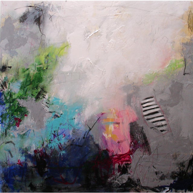This oil painting captures a dynamic interplay of colors and textures, with vibrant greens and blues contrasting against...