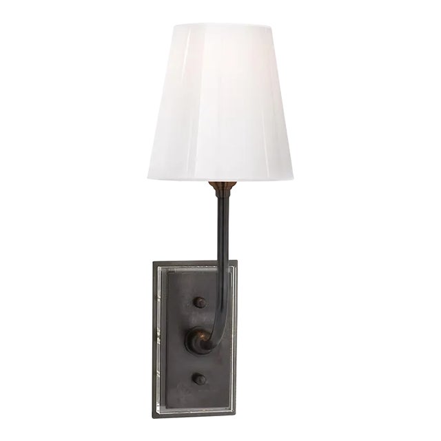 Thomas O'Brien for Visual Comfort Signature Hulton Sconce in Bronze with Crystal Backplate & White Glass Shade For Sale