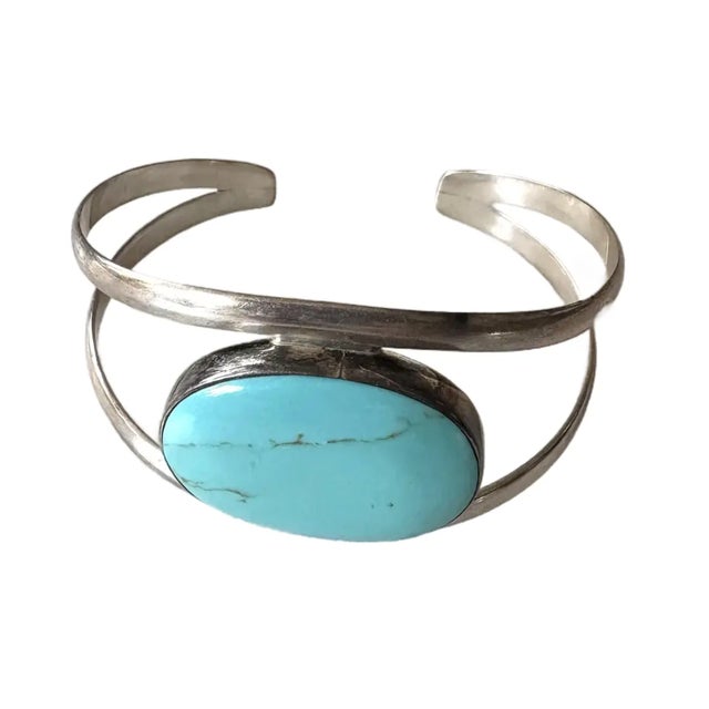 Vintage Sterling Silver and Turquoise Cuff Bracelet - Stamped Mexico 925 For Sale In New York - Image 6 of 6