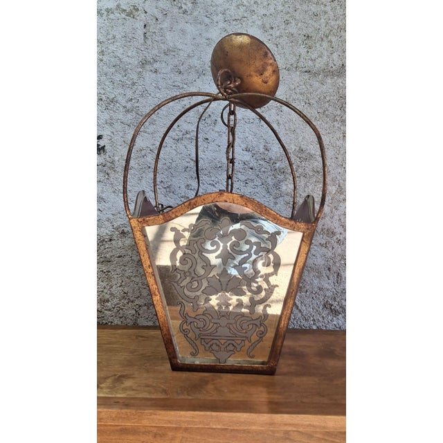 Napoleon III Hanging Lantern in Gilded Wrought Iron and Engraved Glass, 1800s For Sale - Image 3 of 10