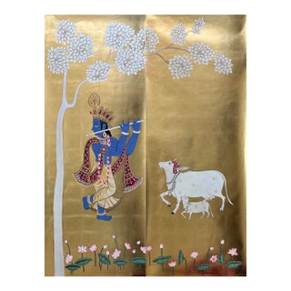 Gold Leaf Pichwai Krishna & Cow Hand-Painted Wall Panels (Set of 2) For Sale