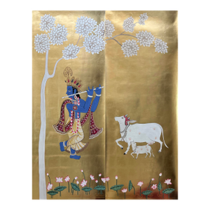 Gold Leaf Pichwai Krishna & Cow Hand-Painted Wall Panels (Set of 2)