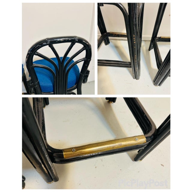Wood 1970s Vintage Rattan Counter Stools Trio Blue Seats Fan Back For Sale - Image 7 of 12