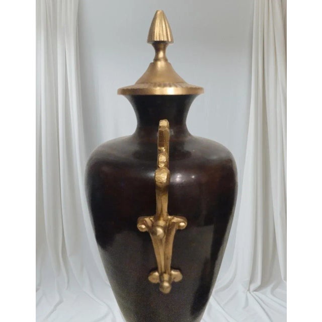 Metal Vintage Large Heavy Metal Dark Brown Tortoiseshell Brass Decorative Urns- A Pair For Sale - Image 7 of 7