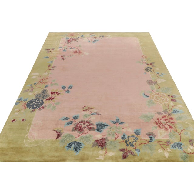 Art Deco Rug & Kilim Chinese Style Art Deco Rug in Pink, Green Border & Floral Patterns - 12'x15' For Sale - Image 3 of 8