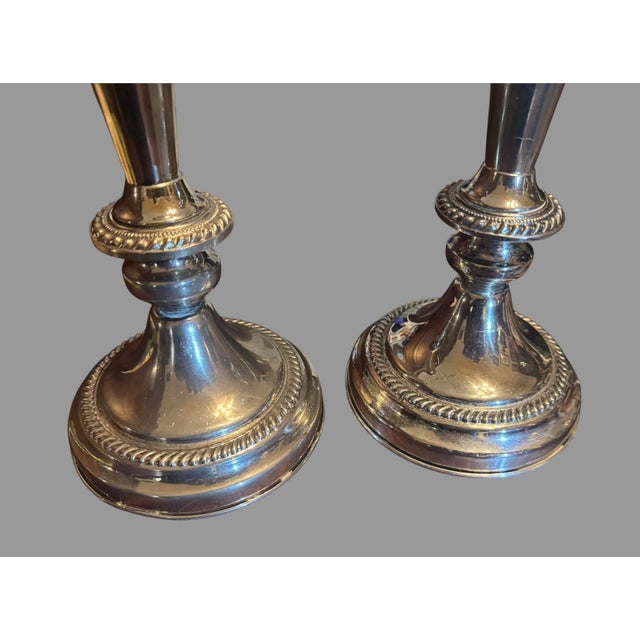 Vintage Silverplate Candlesticks Pair 12.5” English Silver MFG Corp Usa Gadroon For Sale - Image 4 of 7