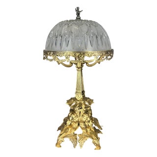 Vintage French Style Brass Ornate Table Lamp with Cut Glass Shade For Sale